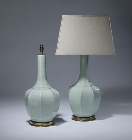Pair Of Large Celadon Blue White Ceramic Lamps On Distressed Brass Bases