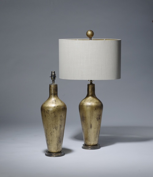 Pair Of Medium Gold Brown 'standard' Glass Lamps On Distressed Brass Bases With Matching Finials