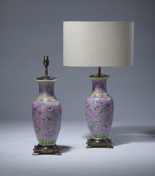 Pair Of C1880 Small Antique Pink Purple Ceramic Lamps On Distressed Brass Bases