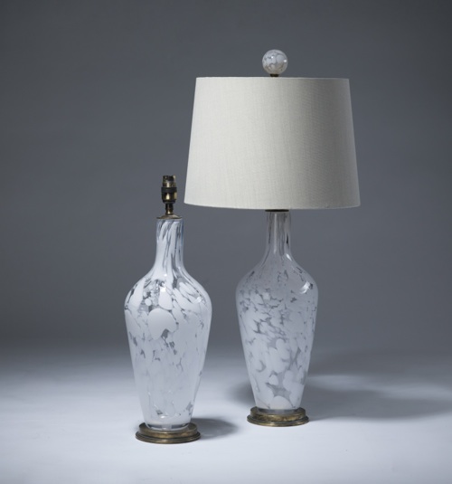 Pair Of Medium White Marbled Glass  'standard' Lamps On Distressed Brass Bases