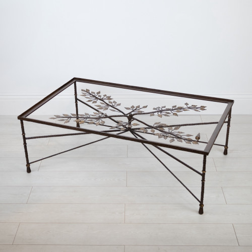 Wrought Iron ' Tree Of Life' Coffee Table In Brown Bronze, Distressed Gold Leaf Highlight Finish With Glass Top