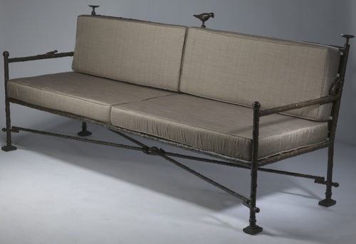 Wrought Iron Benches With Natural Linen Cushions