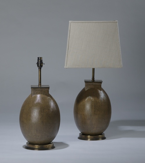 Pair Of Medium Brown Oval Rattan Lamps On Distressed Brass Bases