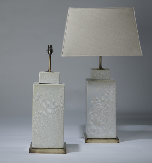 Pair Of Large White Cube 'pearl Glaze' Lamps On Distressed Brass Bases