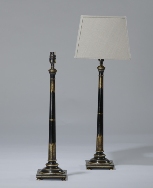Pair Of Medium Wooden Black Gold Painted Column Lamps