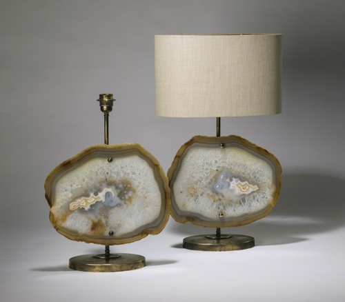 Pair Of Medium White Brown Agate Lamps On Distressed Brass Bases
