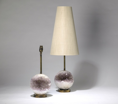 Pair Of Medium Purple Amethyst Crystal Ball Lamps On Distressed Brass Bases