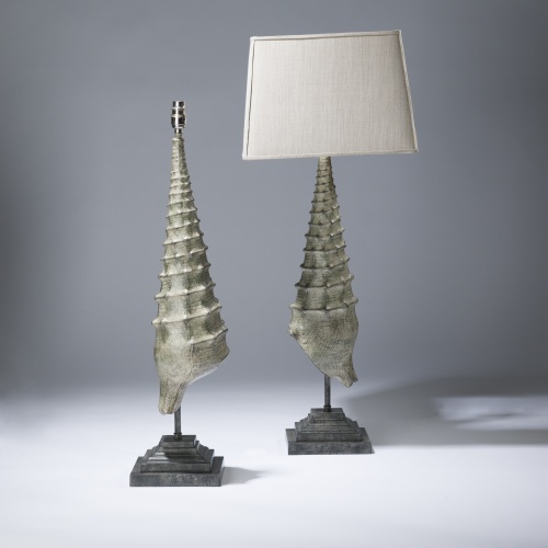 Pair Of Large Grey Painted Wooden Shell Lamps On Dark Grey Bases