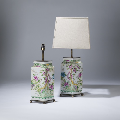 Pair Of Medium Green, Pink Chinese Diamond Shaped Ceramic Lamps On Distressed Brass Bases