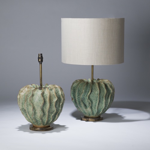 Pair Of Medium Green Ceramic Coral Lamps On Distressed Brass Bases