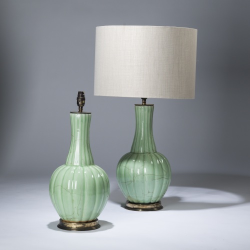Pair Of Medium Pale Green, Celadon Glazed Ceramic Lamps On Distressed Brass Bases