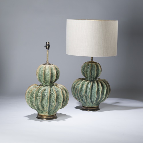 Pair Of Large Green Ceramic Double Gourd Coral Lamps On Distressed Brass Bases