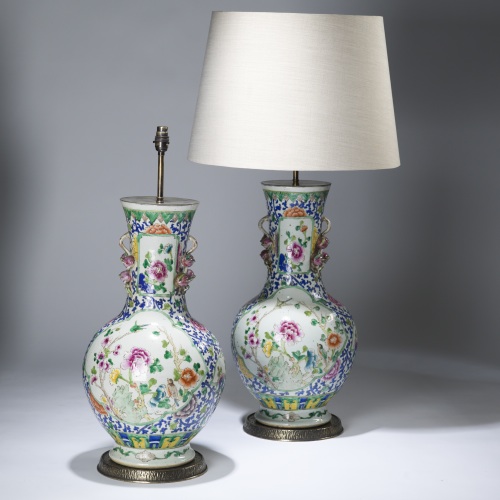 Pair Of Large Blue Floral Chinese Ceramic Lamps On Distressed Brass Bases