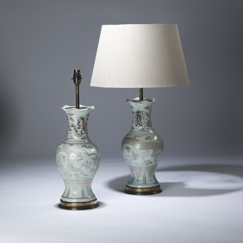 Pair Of Small White / Very Pale Blue Metallic Ceramic Lamps On Distressed Brass Bases