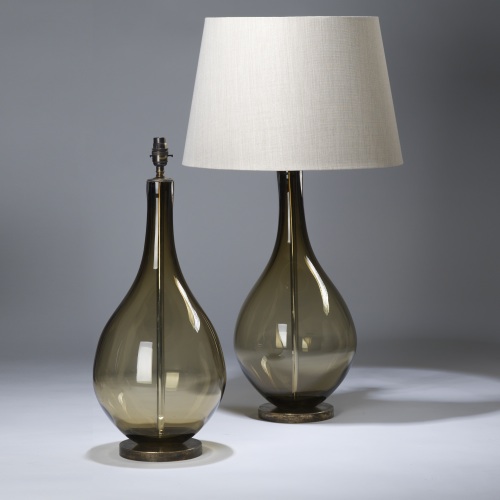 Pair Of Large Brown Olive Coloured Teardrop Shaped Glass Lamps On Distressed Brass Bases