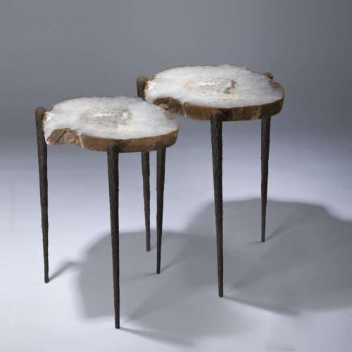 Pair Of Agate Slices On Tapered Three Leg Table