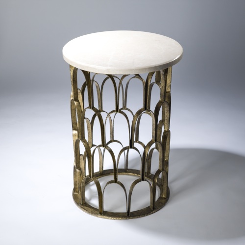 Round Fish Scale Side Table In Distressed Gold Leaf Finish And Marble Top