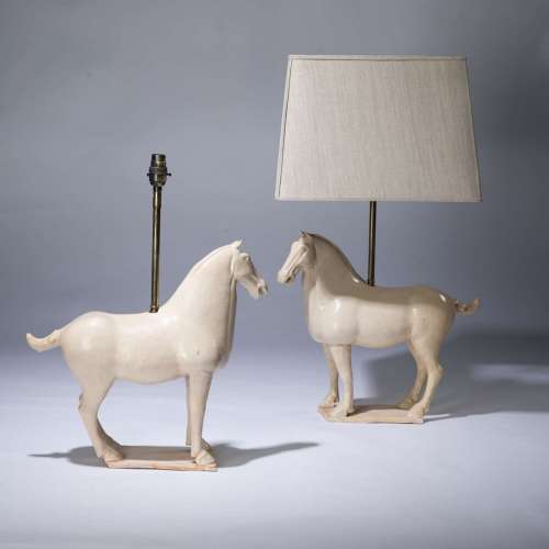 Pair Of Medium Cream Ceramic Horse Lamps