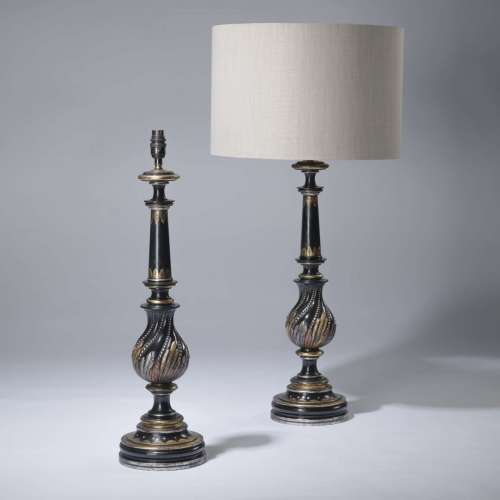 Pair Of Large Black Old C1950 Classical Column Lamps