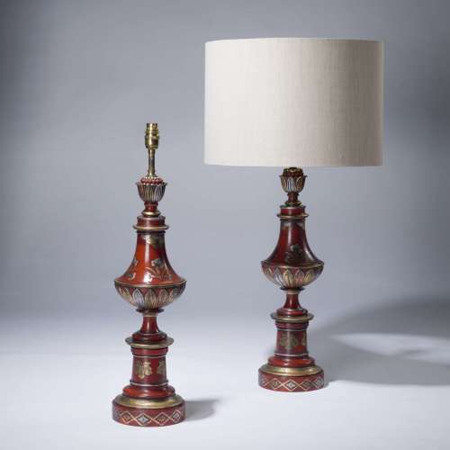Pair Of Large Red Old C1950 Classical Column Lamps