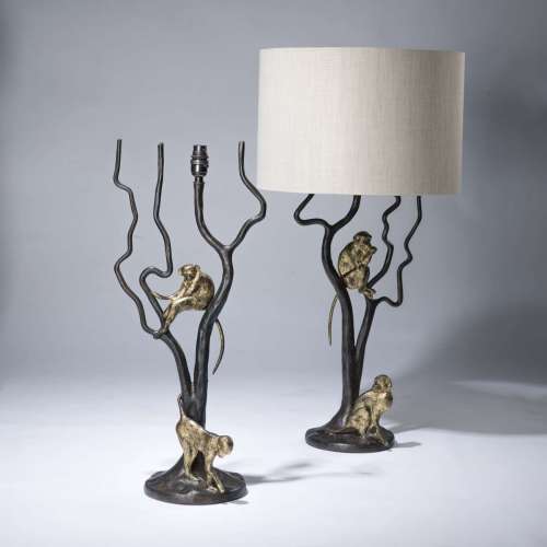 Pair Of Large Brown  And Gilt Double Monkey Lamps
