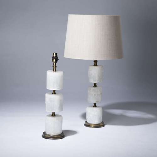 Pair Of Medium White Selenite Stack Lamps On Distressed Brass Bases