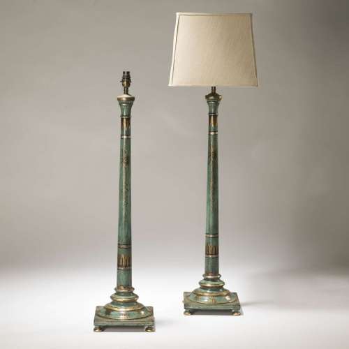 Pair Of Large Hand Painted Turquoise Wooden Column Lamps
