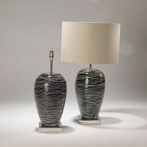 Pair Of Large Black & White 'swirl' Glass Lamps On Square Nickel Polished Bases