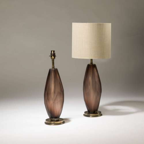 Pair Of Medium Transparent Dusty Purple Cut Glass Lamps On Distressed Brass Bases