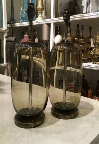 Pair Of Medium Olive Brown 'peanut' Shaped Glass Lamps On Distressed Brass Bases