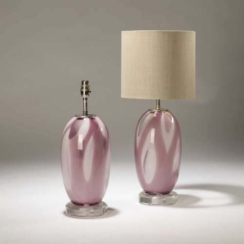 Pair Of Medium Pink Peanut White 'peanut' Shaped Glass Lamps On Perspex Bases