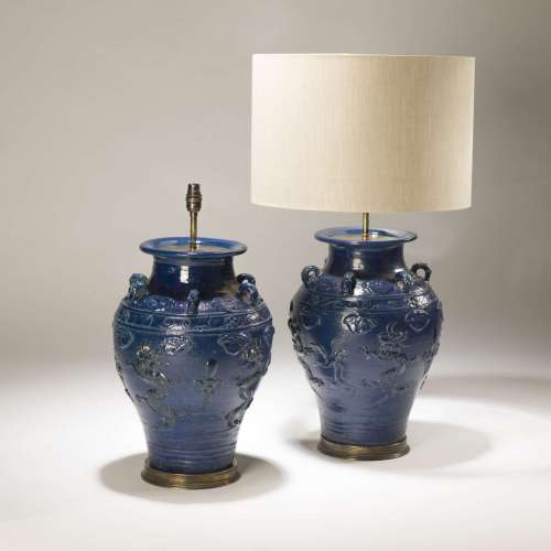 Pair Of Large Navy Chinese Ceramic Lamps On Distressed Brass Bases