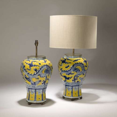 Pair Of Large Yellow&blue Chinese Dragon Ceramic Lamps On Distressed Brass Bases