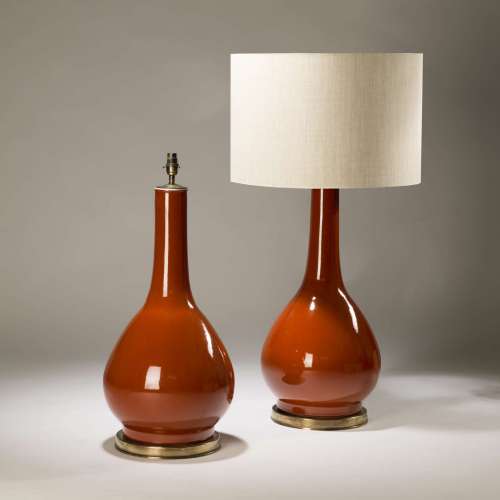 Pair Of Large Orange Ceramic Lamps On Distressed Brass Bases