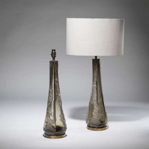 Pair Of Medium Olive Glass 'trail' Lamps On Distressed Brass Bases