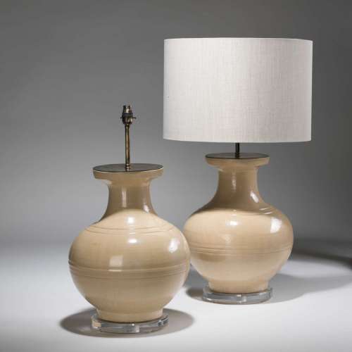 Pair Of Large Terracotta Cream Colours Ceramic Lamps On Distressed Brass Bases