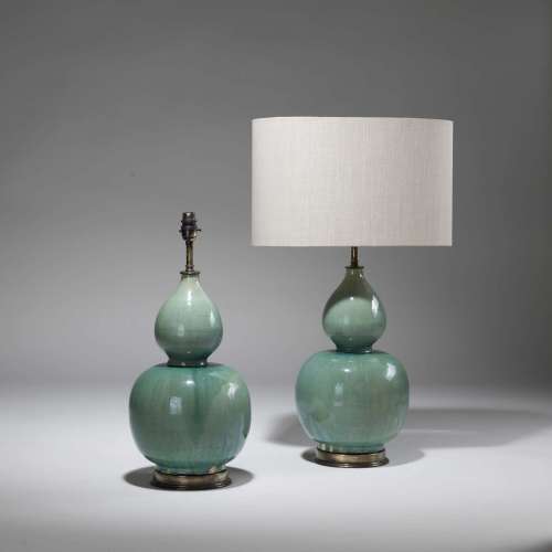Pair Of Medium Double Gourd Green Glazed Ceramic Lamps On Distressed Brass Bases