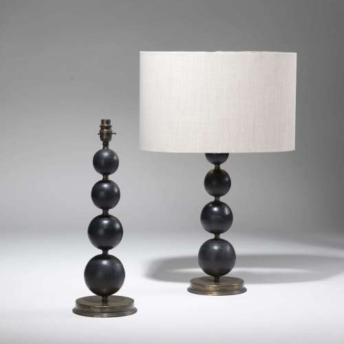 Pair Of Medium Black Graduated Wooden Ball Lamps On Distressed Brass Bases