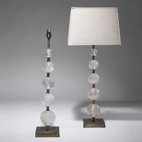 Pair Of Large Clear Rock Crystal Graduated Ball Lamps On Antique Distressed Bases