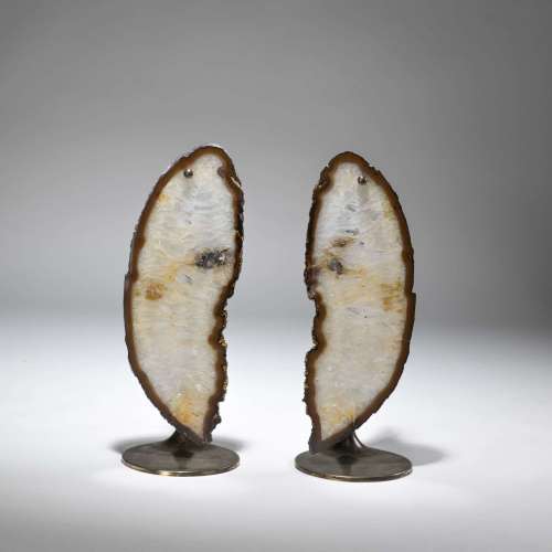 Pair Of Medium Amber Agate Slice Lamps On Bronze Bases
