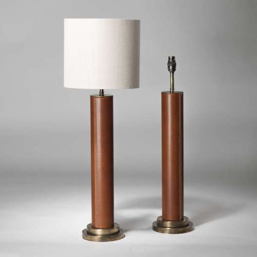 Pair Of Medium Brown Leather Hand Stitched Column Lamps On Brass Bases