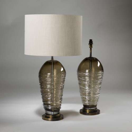 Pair Of Medium Brown Bronze Candy Floss Glass Lamps On Brass Bases