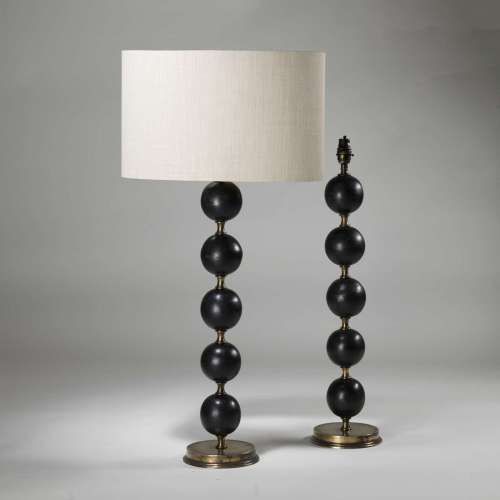 Pair Of Large Black Stacked Wooden Bead Lamps On Brass Bases