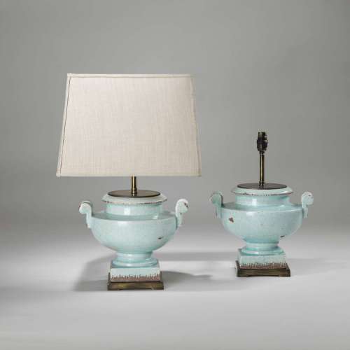 Pair Of Medium Light Blue Ceramic Urn Lamps On Brass Bases