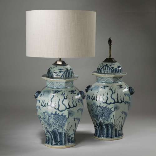 Pair Of Large Blue And White Hexagonal Lamps