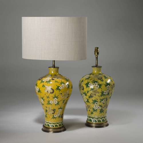 Pair Of Large C1920 Antique Yellow Heron And Palm  Lamps On Brass Bases