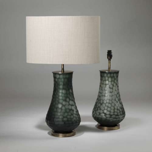 Pair Of Medium Green Honeycomb Glass Lamps On Brass Bases