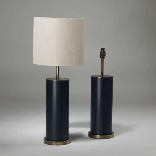 Pair Of Short Navy Blue Stitched Leather Lamps On Brass Bases