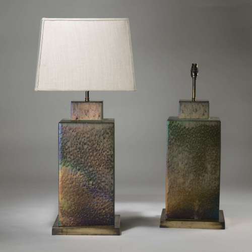 Pair Of Large Square Hammered Ceramic Lamps On Brass Bases