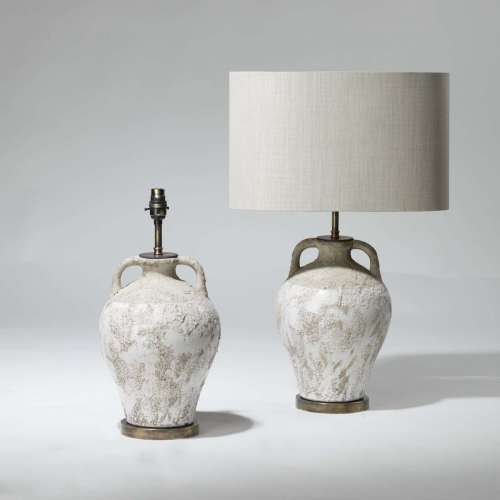 Pair Of Cream Urn Lamps With White Glaze On Brass Bases